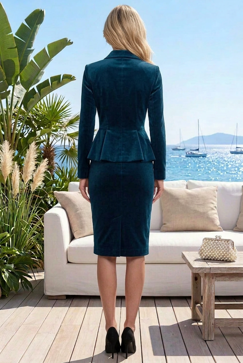 Peplum Velvet Skirt Suit with Point Collar