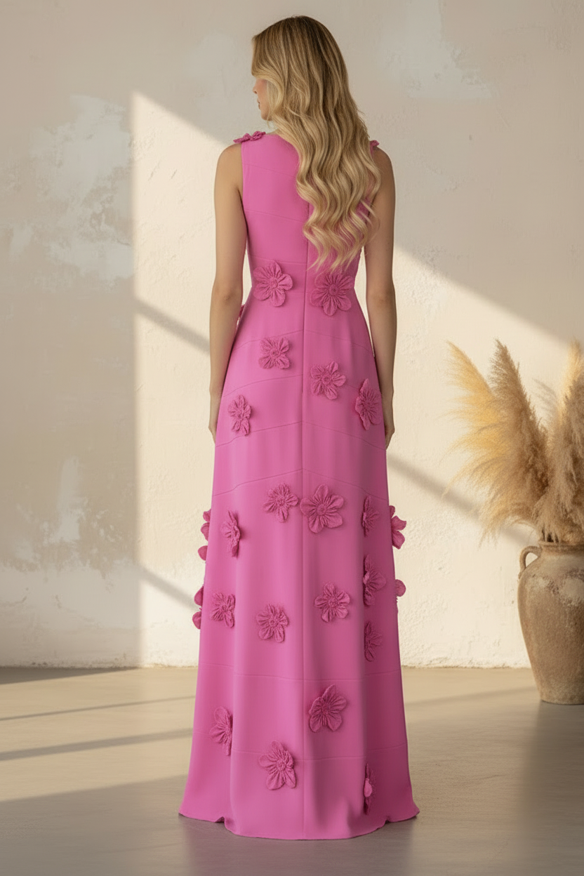 Fuchsia Sleeveless Bateau Neck 3D Floral Applique Gown