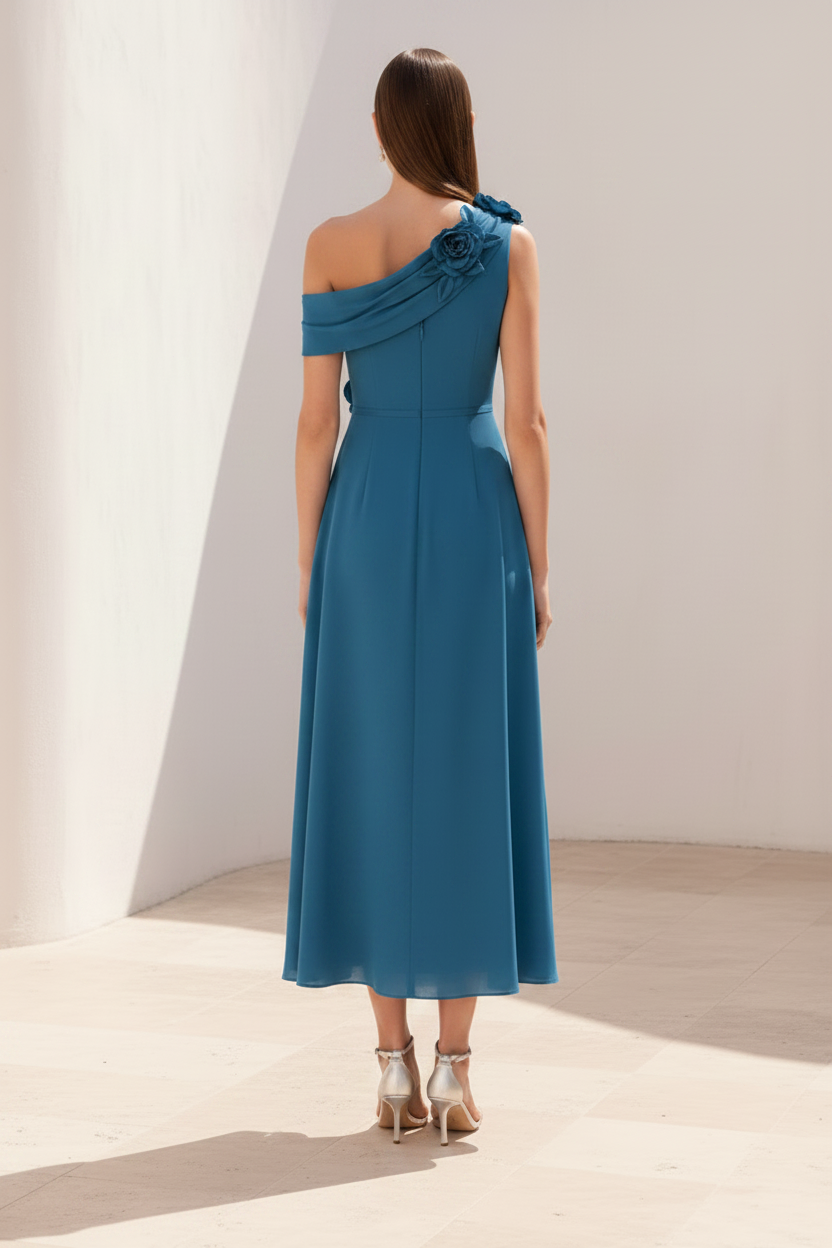 One-Shoulder Pleated Midi Dress with 3D Flowers