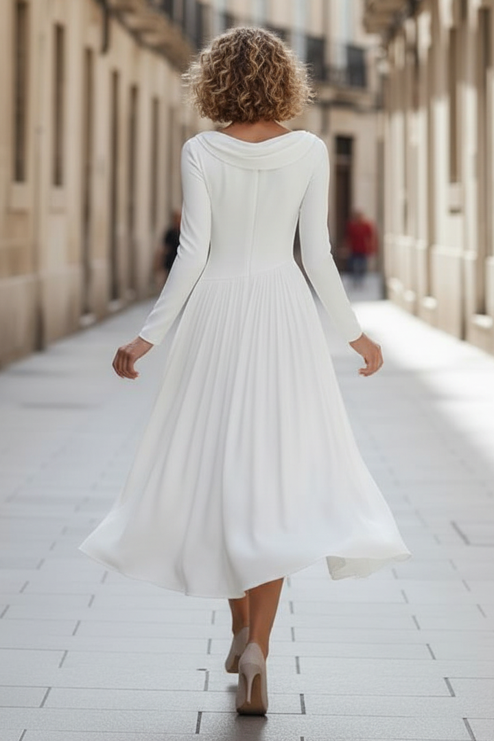 Cowl Neck Long Sleeve Pleated Midi Dress