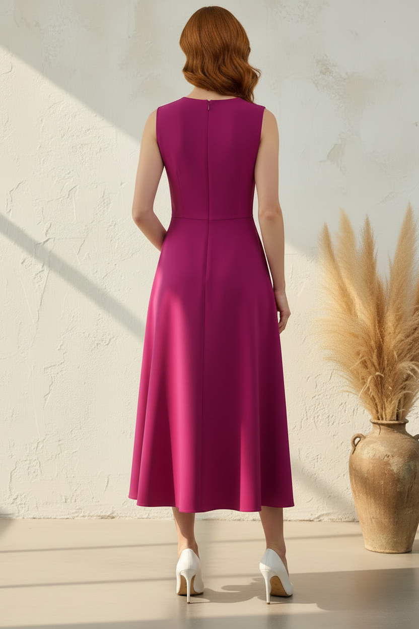 Magenta Sleeveless V-Neck Midi Dress with Bowknot and Pockets