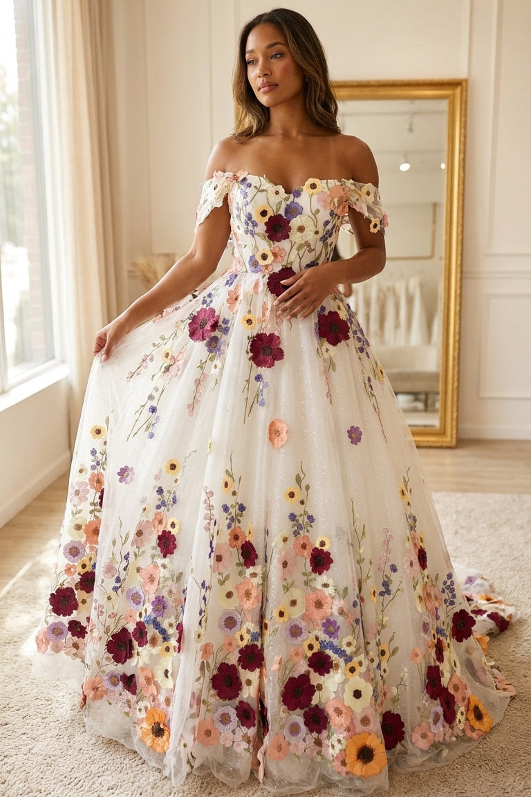3d floral applique dress Colorful Tulle Off Shoulder Wedding Gown Ivory Lining 2 Size:18 months feature_No Lace Dalia macphee dress large