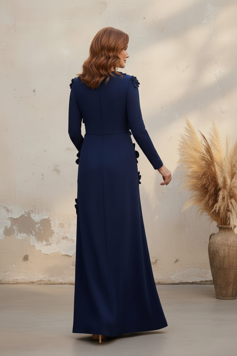 Long Sleeve 3D Floral Applique Floor-Length Gown