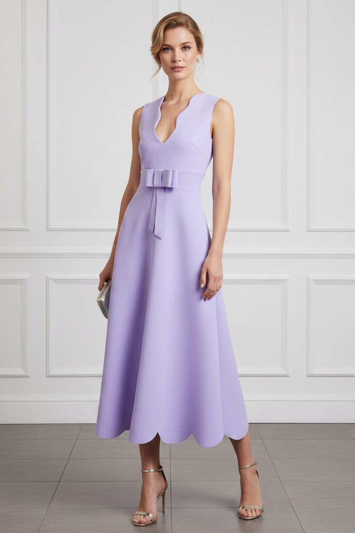 Lilac Scalloped V-Neck Midi Dress with Bow Belt
