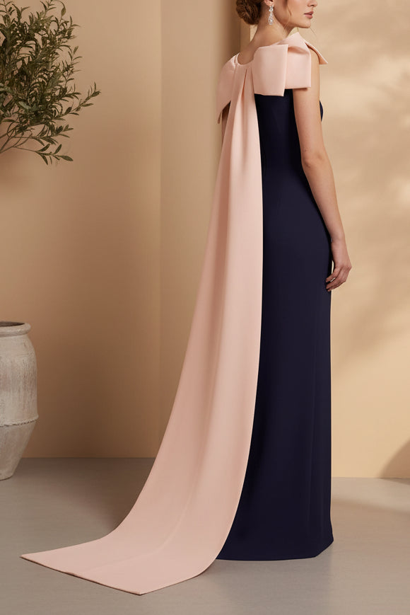 Bateau Neck Column Gown with Dramatic Back Cape