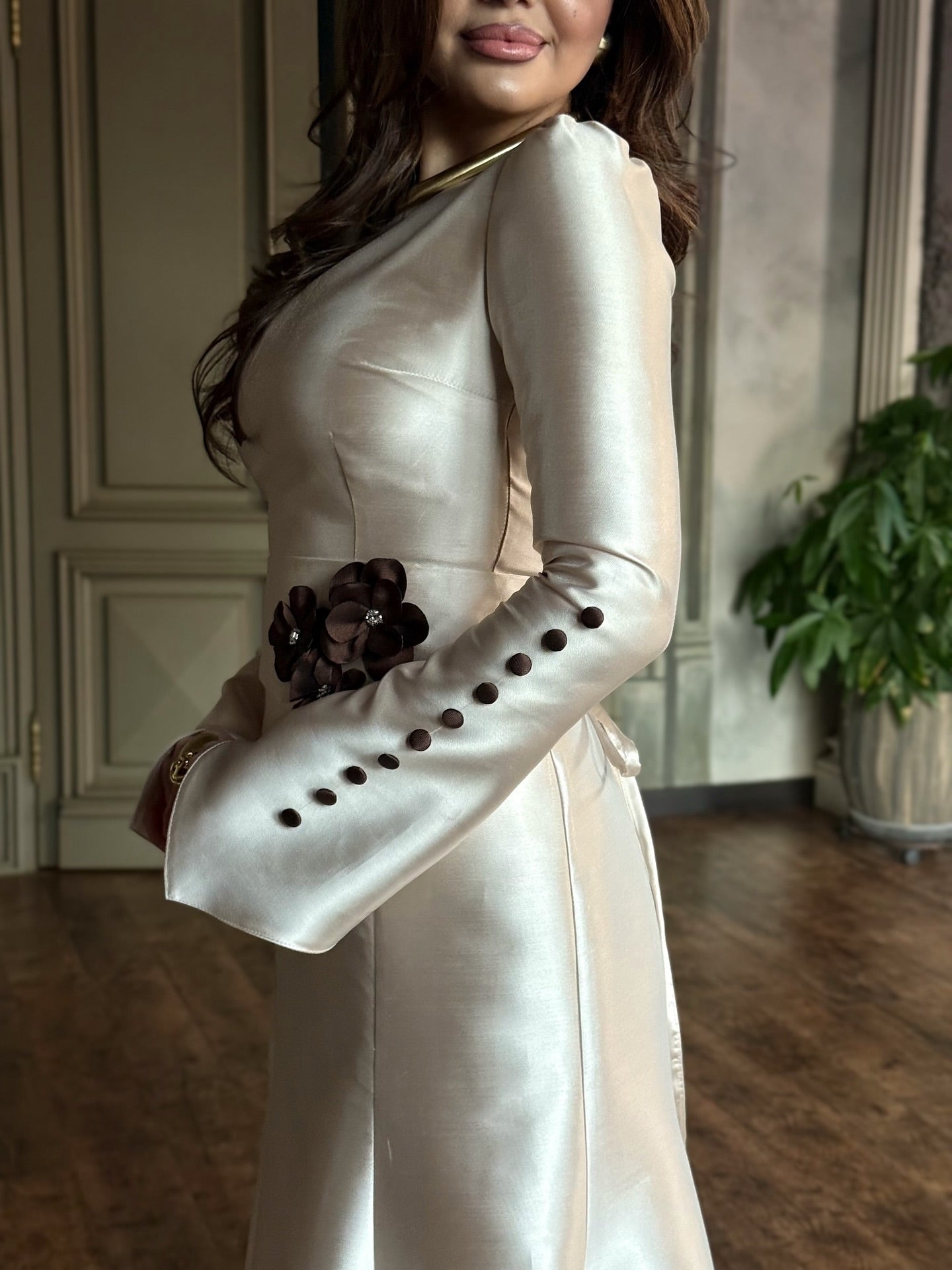 Long Sleeve Satin Evening Gown with Corset Back