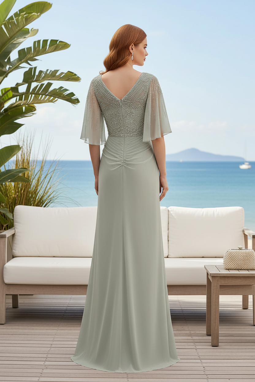 Beaded Flutter Sleeve V-Neck Chiffon Evening Gown
