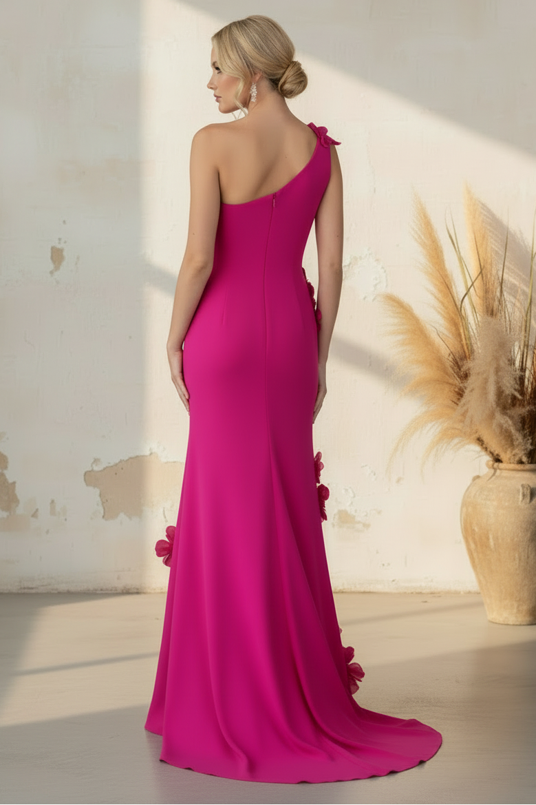Fuchsia One-Shoulder 3D Floral Trumpet Evening Gown