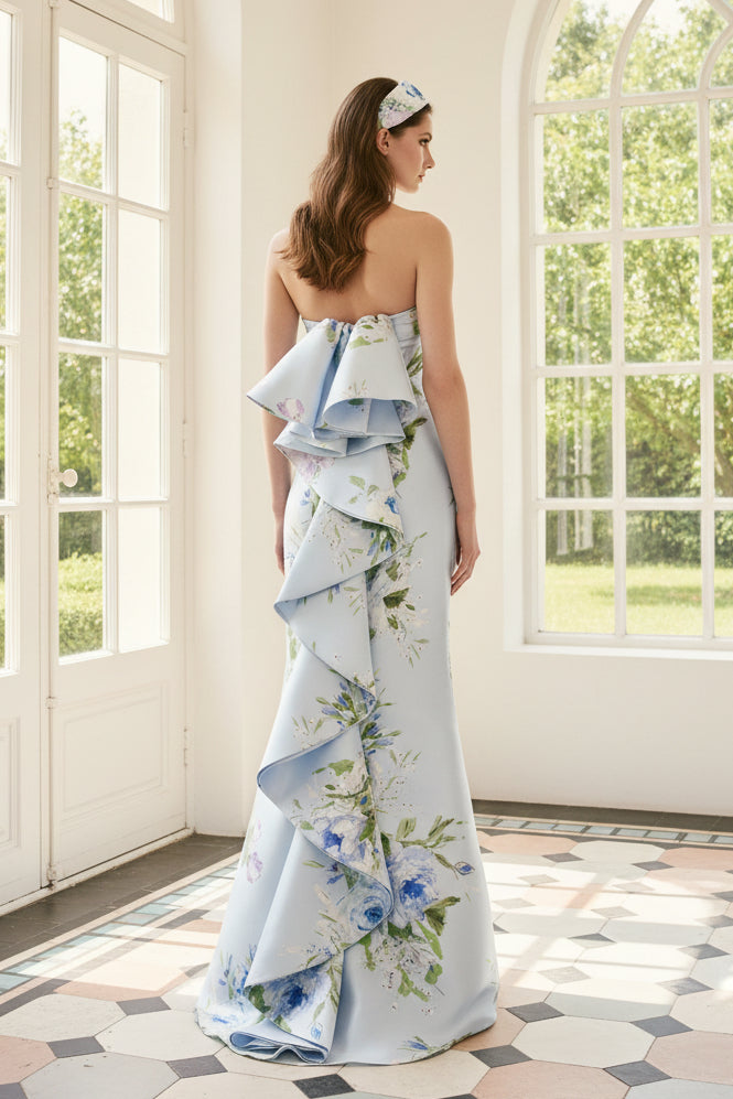Strapless Floral Evening Gown with Cascading Back Ruffle