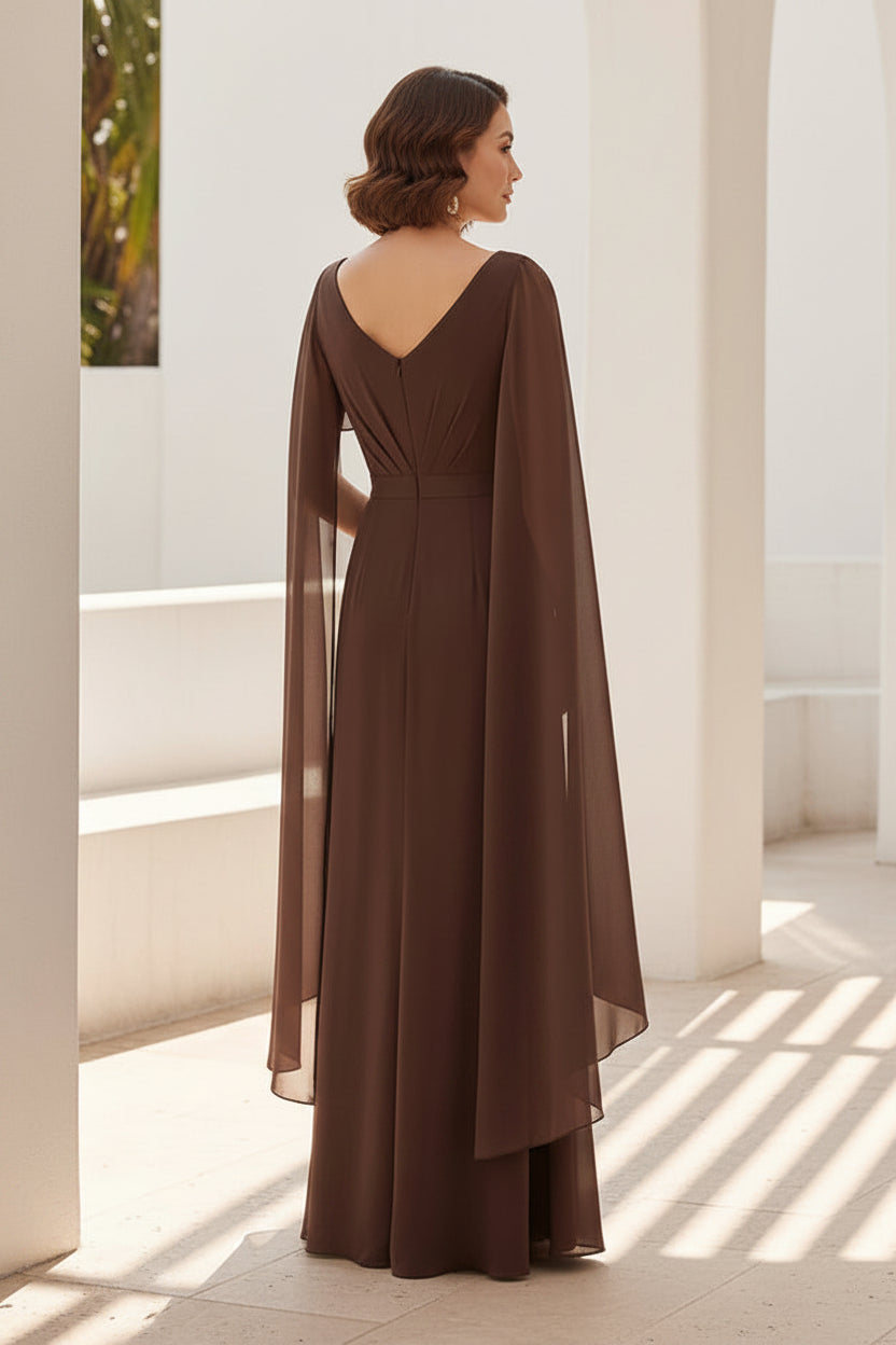 Chiffon Cape Sleeve Evening Gown with Brooch