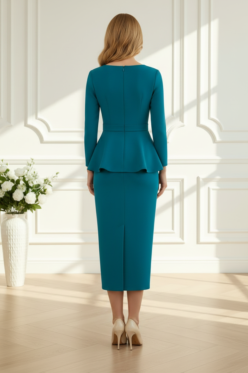 Beaded V-Neck Peplum Midi Dress