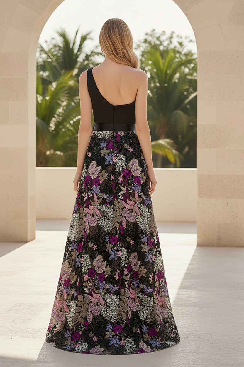 One-Shoulder A-Line Evening Gown with Embroidered Skirt