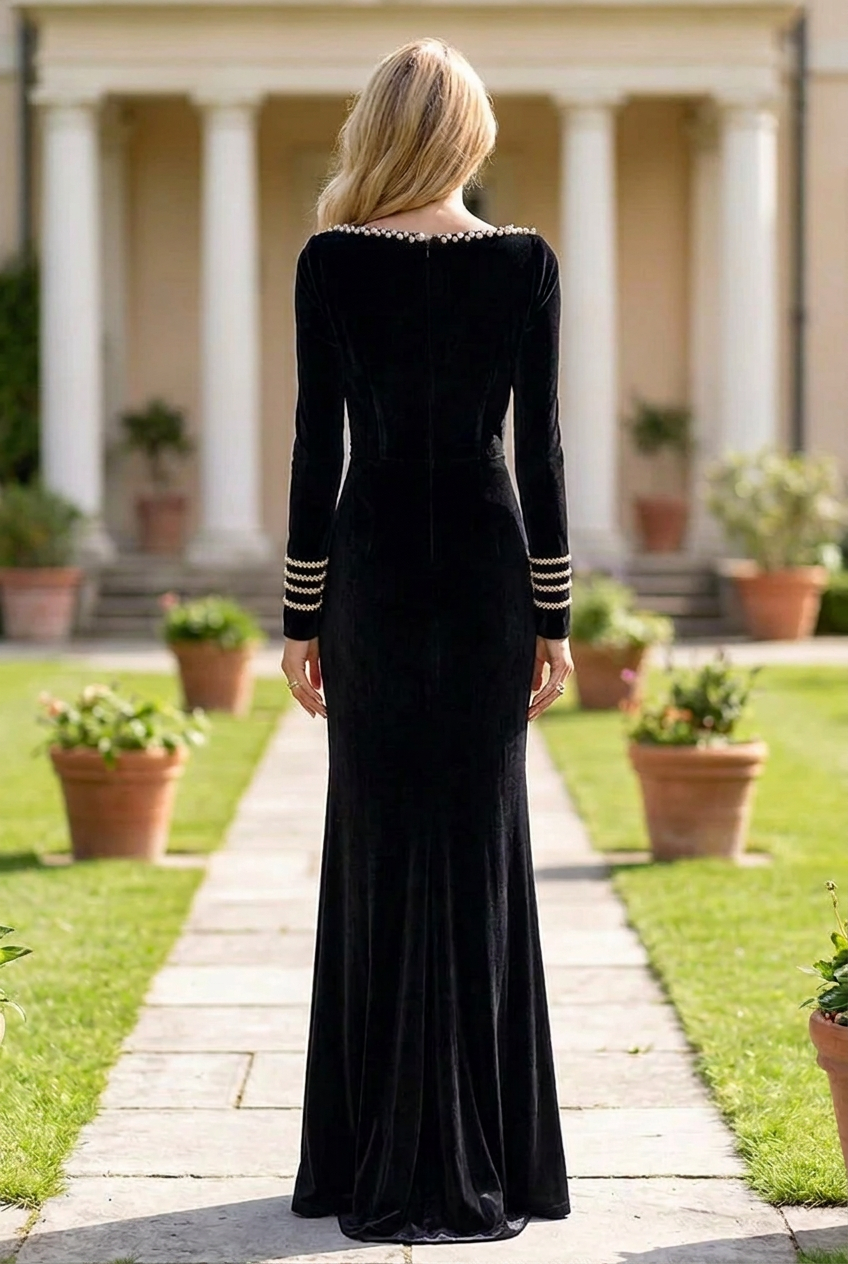 Pearl-Trim Velvet Column Gown with High Slit