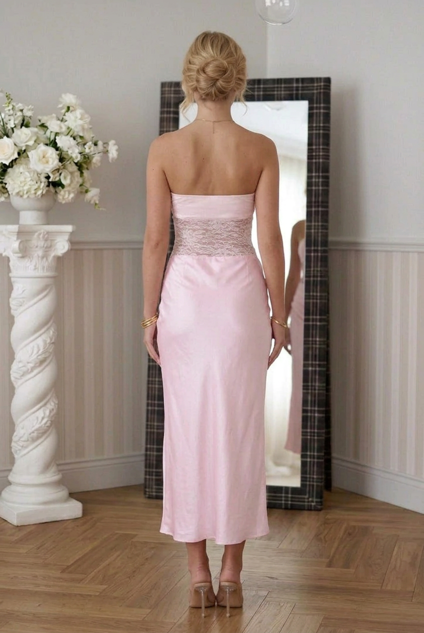 Strapless Lace Bodice Satin Column Midi Dress