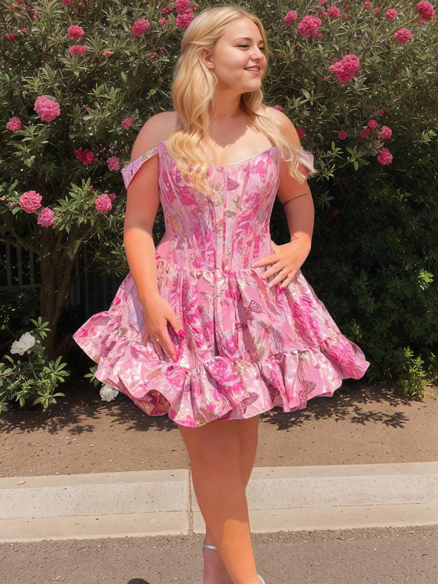 Off-the-Shoulder Floral Jacquard Corset Mini Dress