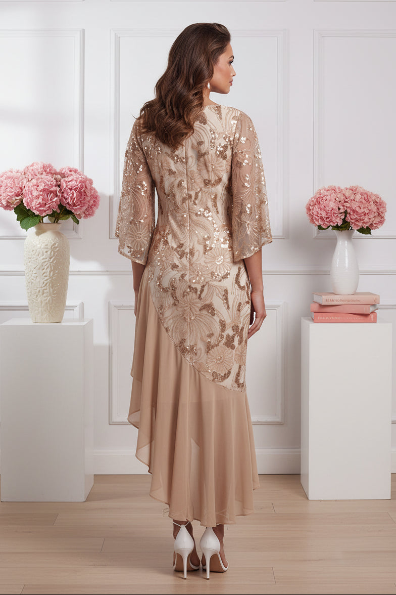 Sequined Asymmetrical High-Low Dress with Bell Sleeves
