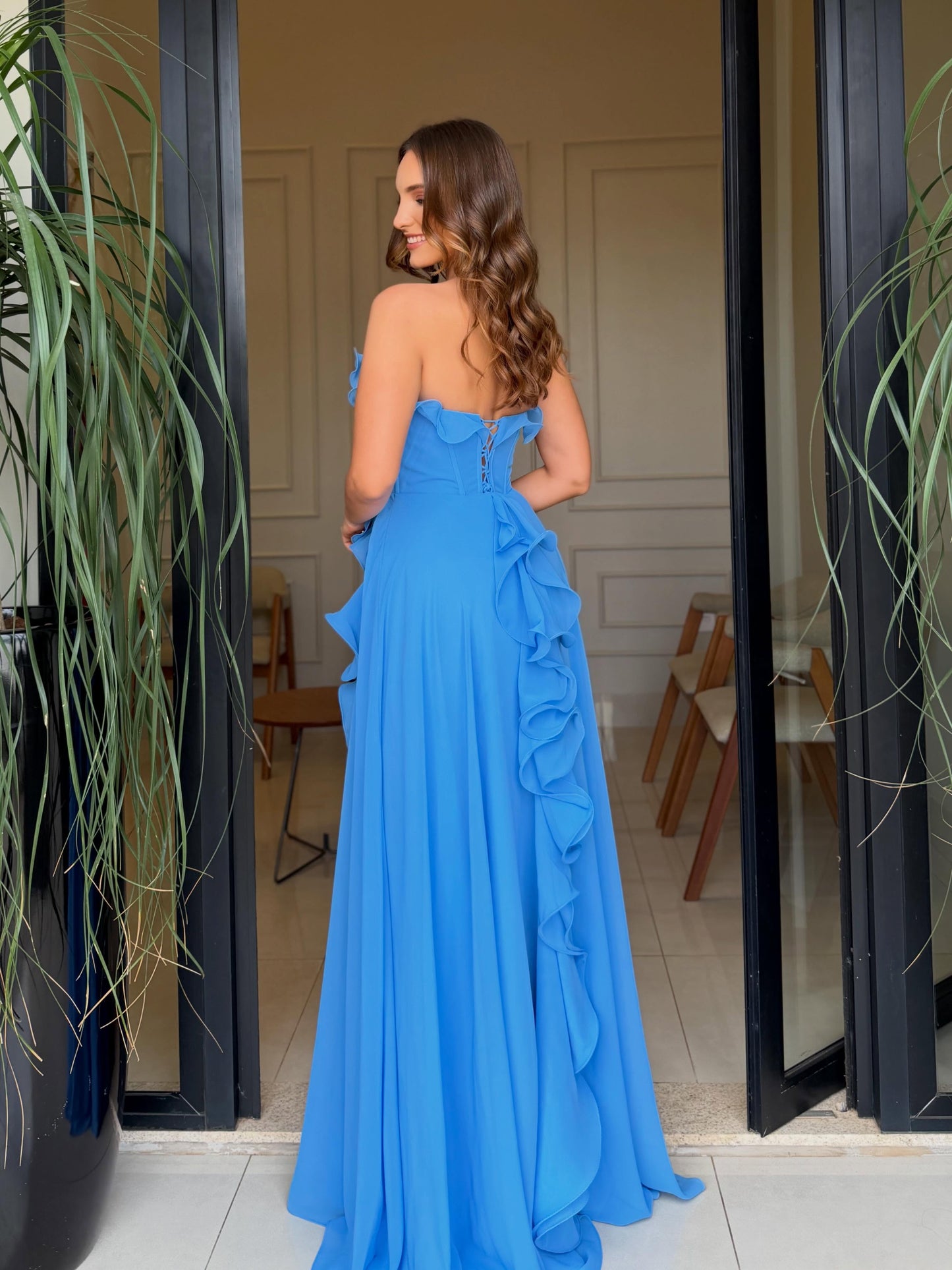 Strapless Ruffled A-Line Corset Gown