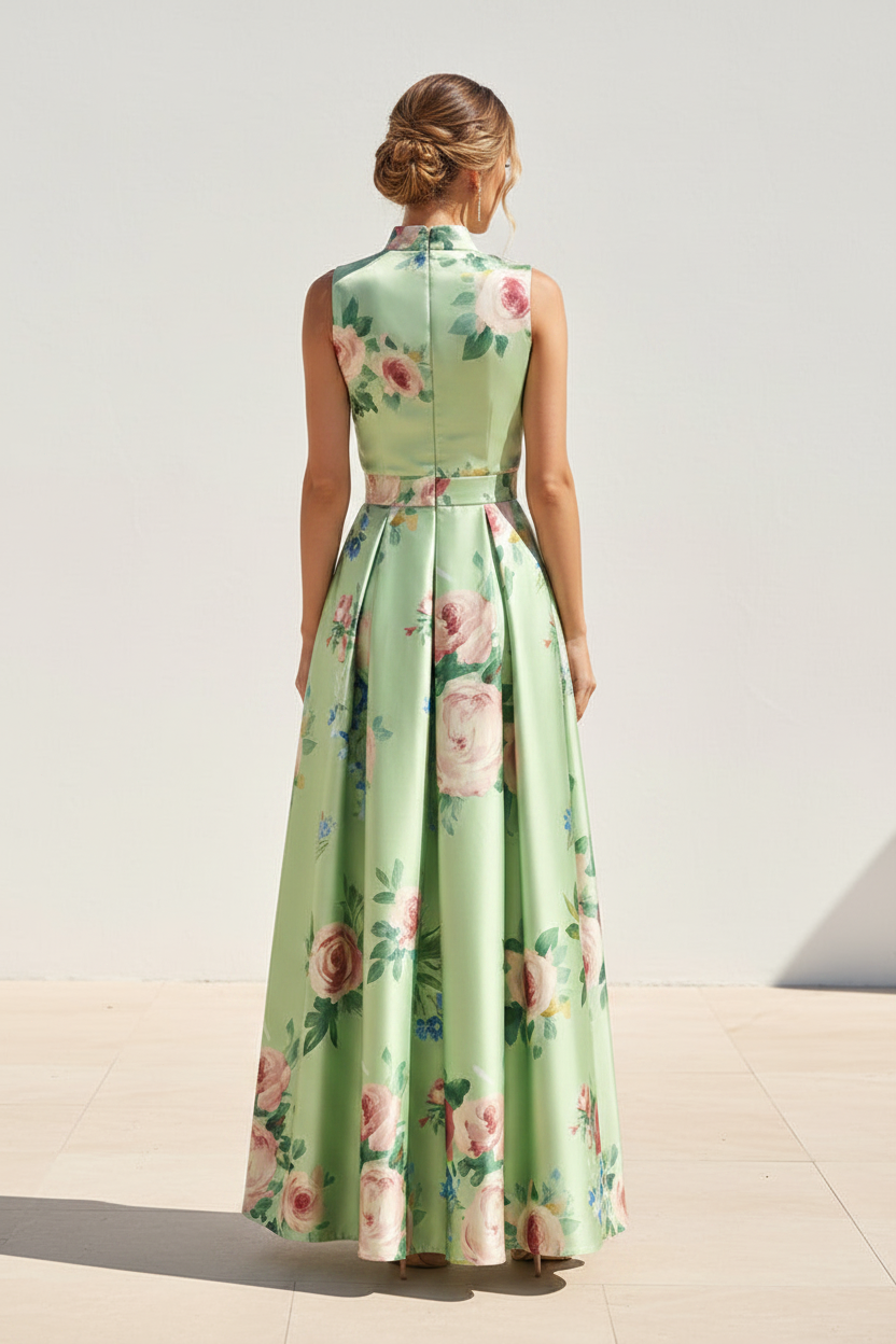 Floral Print Satin Mock Neck A-Line Gown