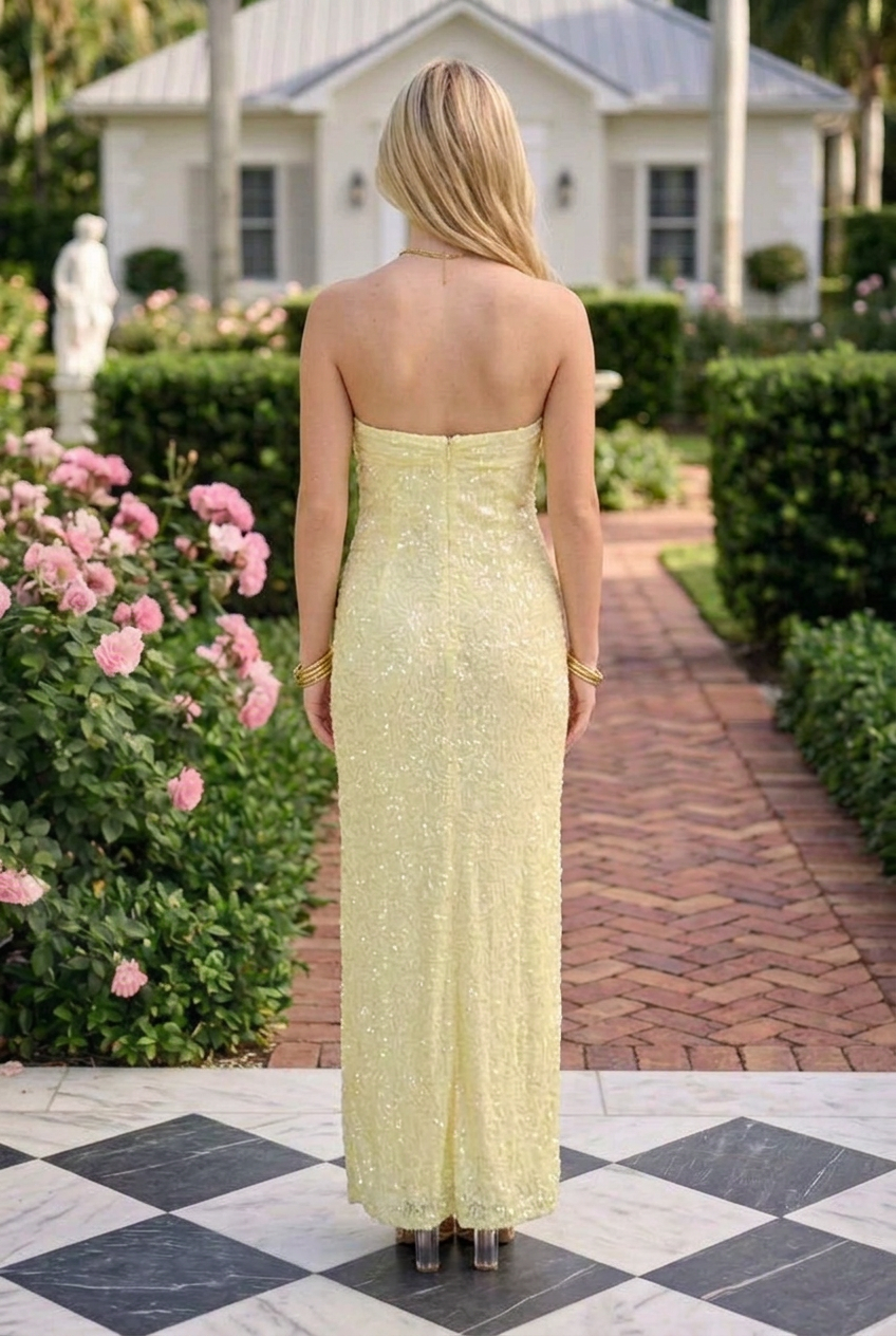 Strapless Sequin Column Maxi Dress with Twist Bodice