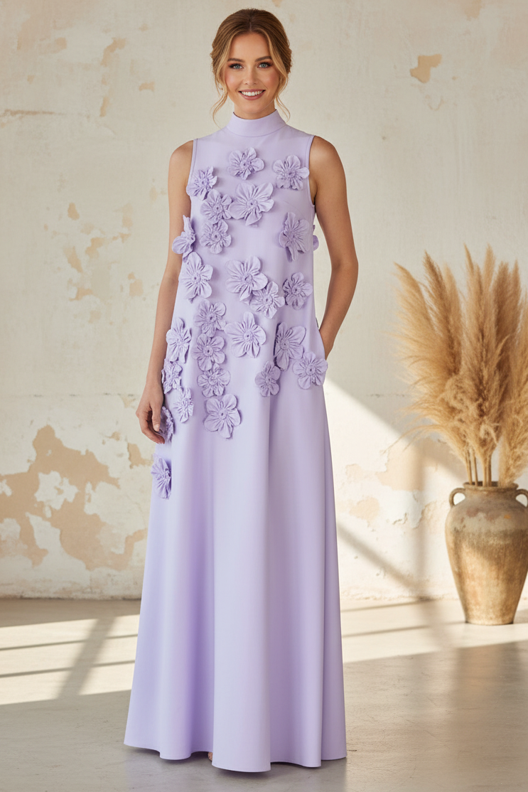 High Neck Sleeveless 3D Floral A-Line Evening Dress Custom Color