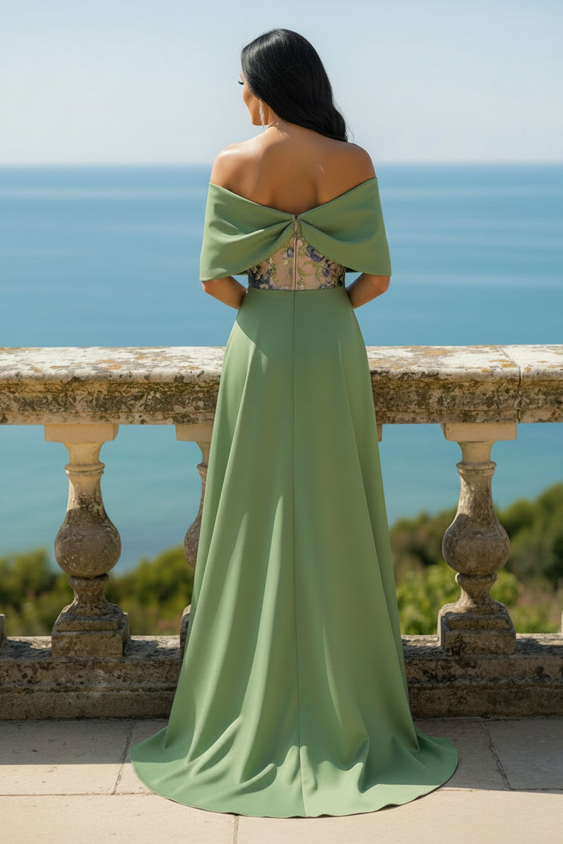 Off-the-Shoulder Embroidered Lace Evening Gown