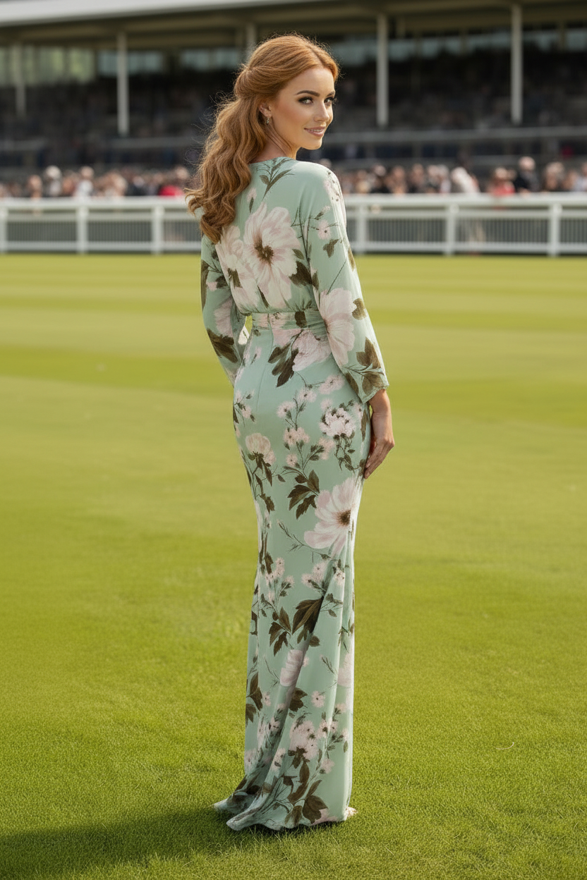 Floral Print Bateau Neck Trumpet Gown