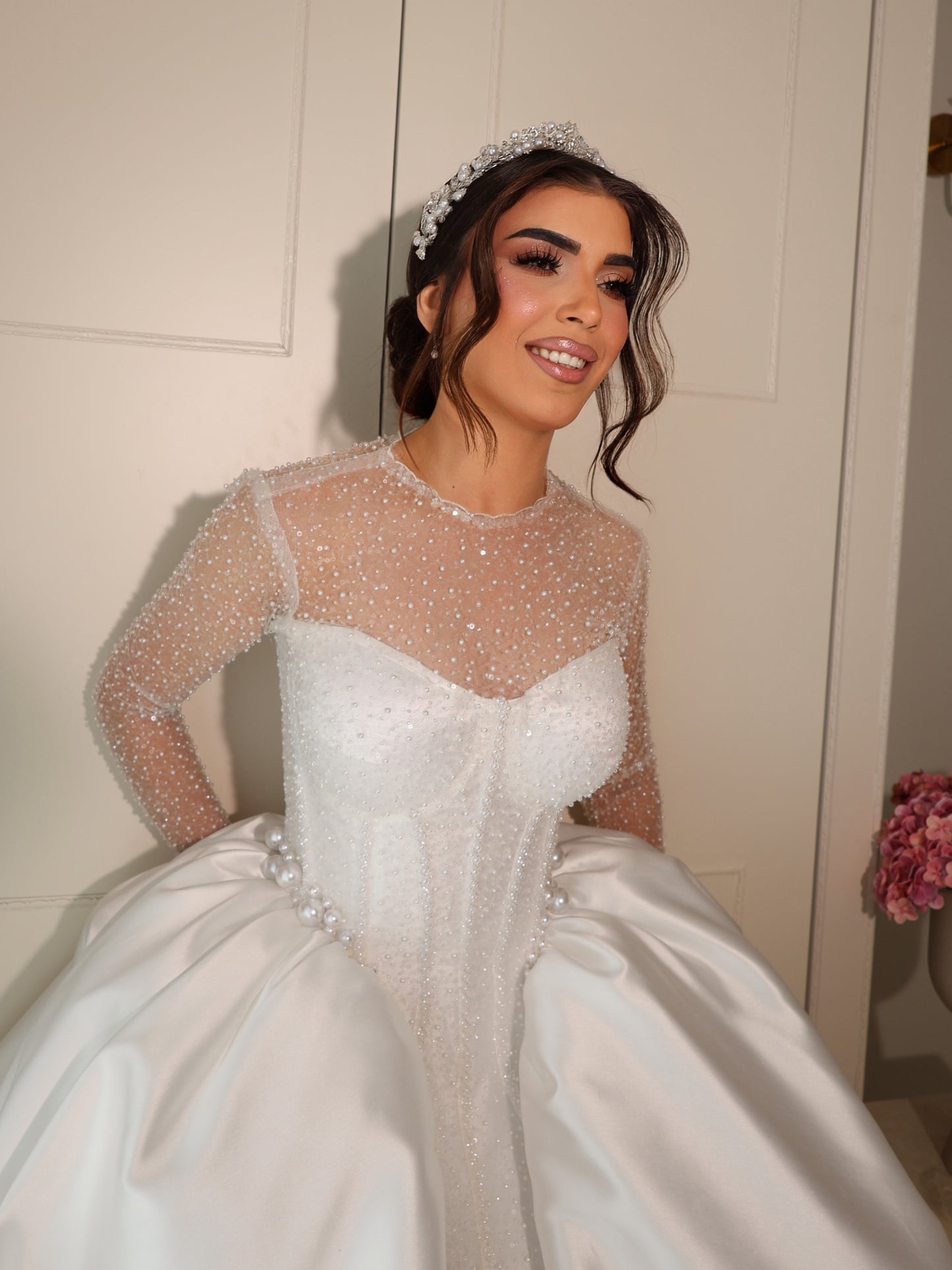 Illusion Sleeve Ball Gown Wedding Dress with Corset Bodice