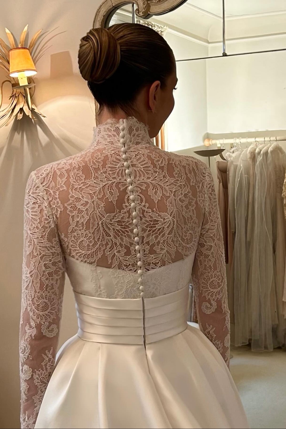 High-Neck Lace and Satin Ball Gown Wedding Dress