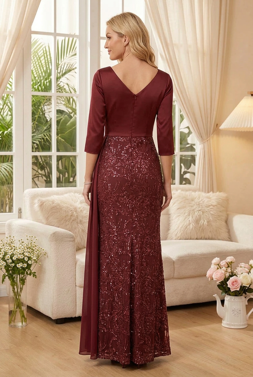 Sequined Column Evening Gown with Side Drape