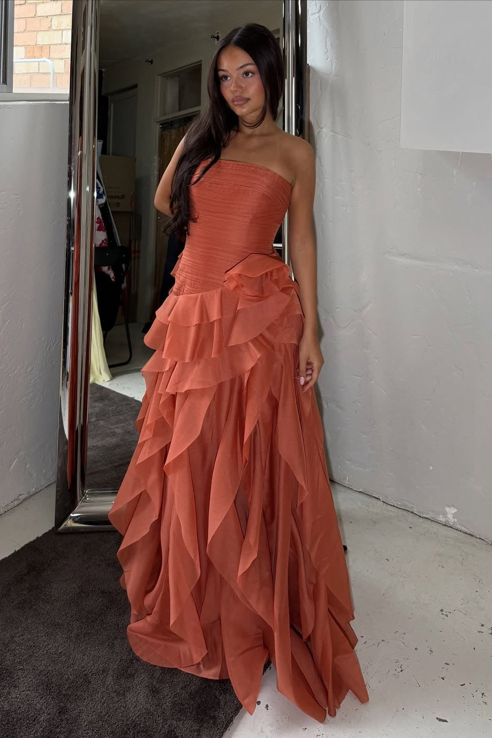 Strapless Ruched Organza Gown with Cascading Ruffles