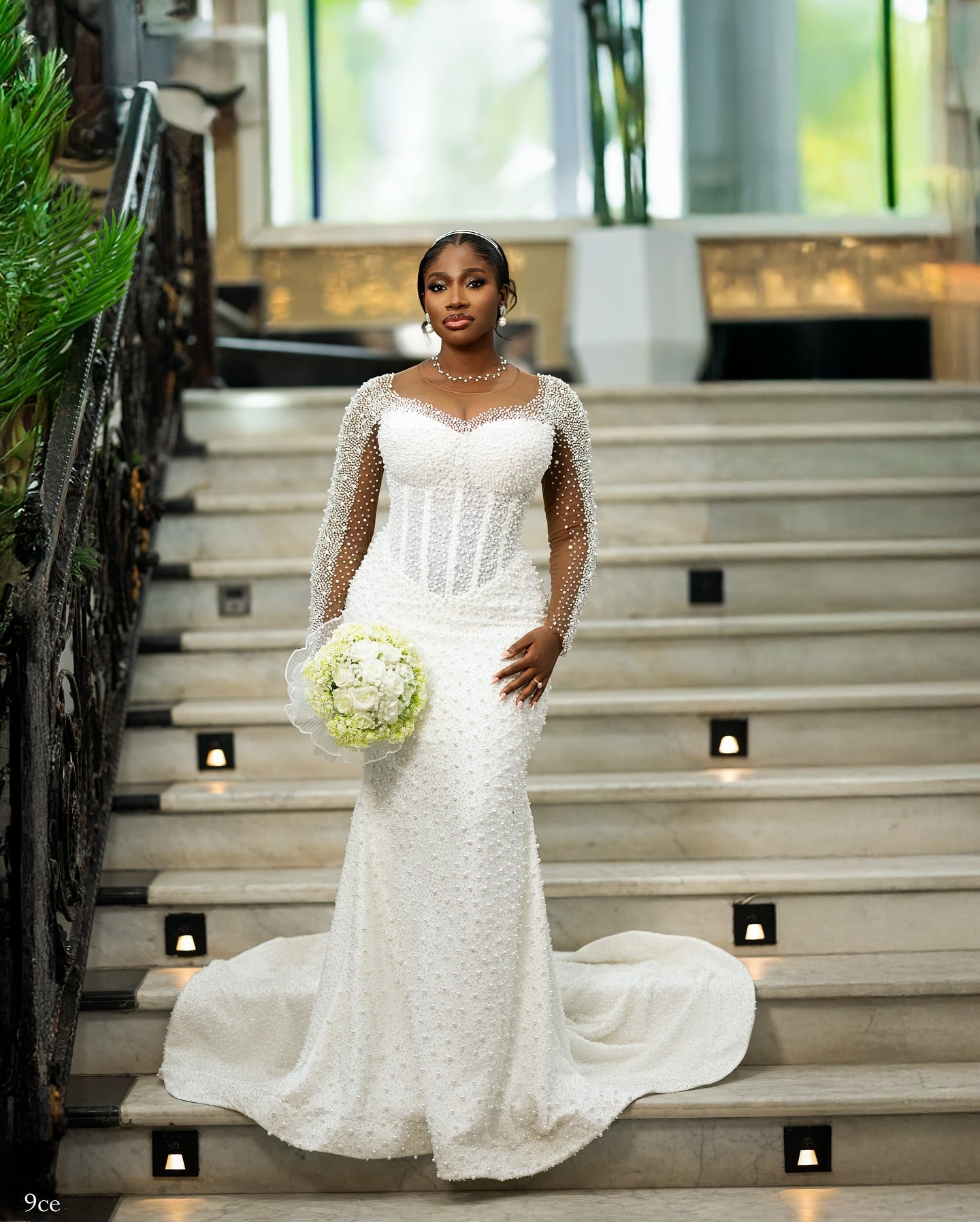 Long Sleeve Pearl Mermaid Wedding Dress with Overskirt