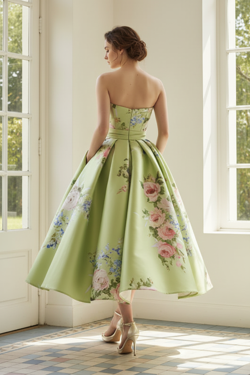 Strapless Floral Satin Tea-Length A-Line Dress