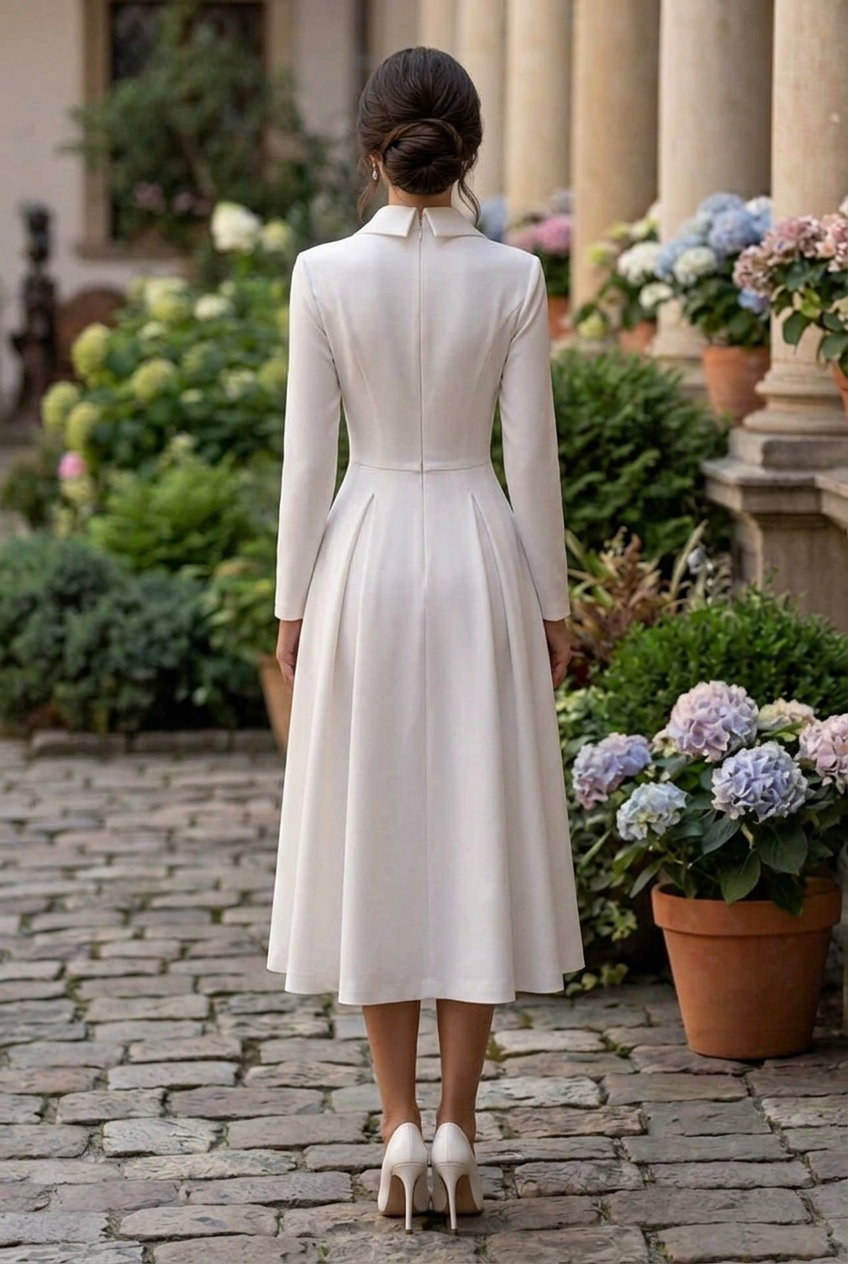 Collared Long Sleeve Pleated Midi Dress