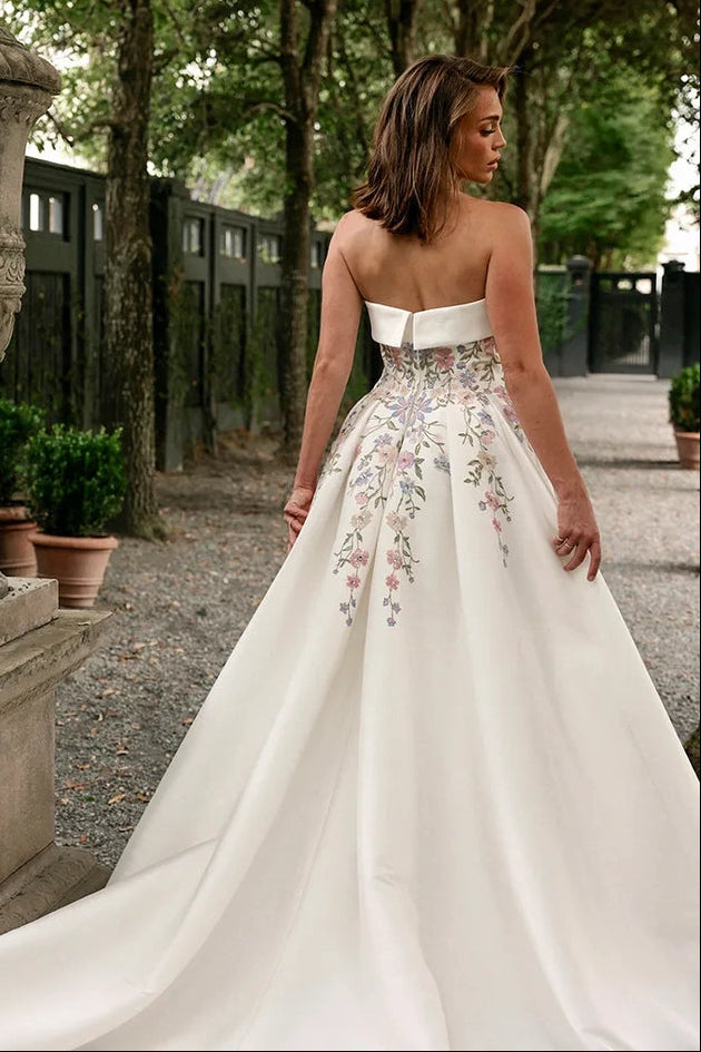 Strapless Satin Ball Gown with Floral Embroidery