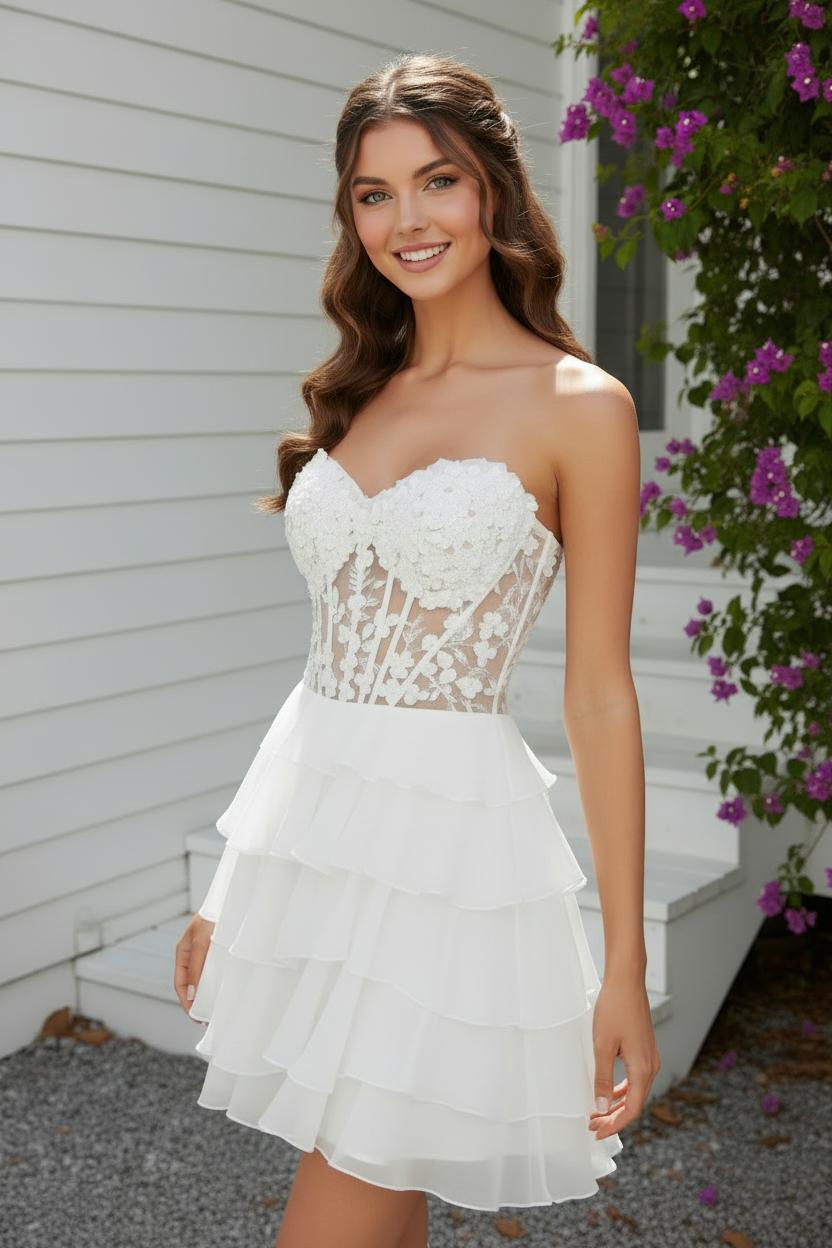 Strapless Tiered Ruffle Mini Dress with Corset Bodice
