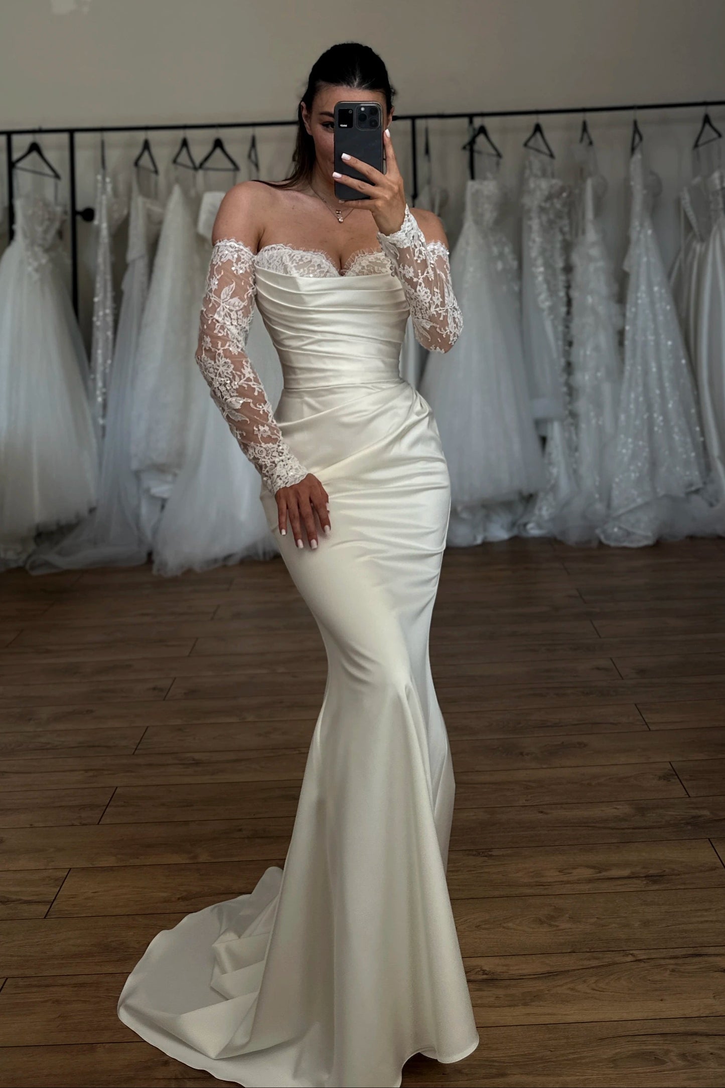 Off-the-Shoulder Ruched Satin Mermaid Wedding Dress