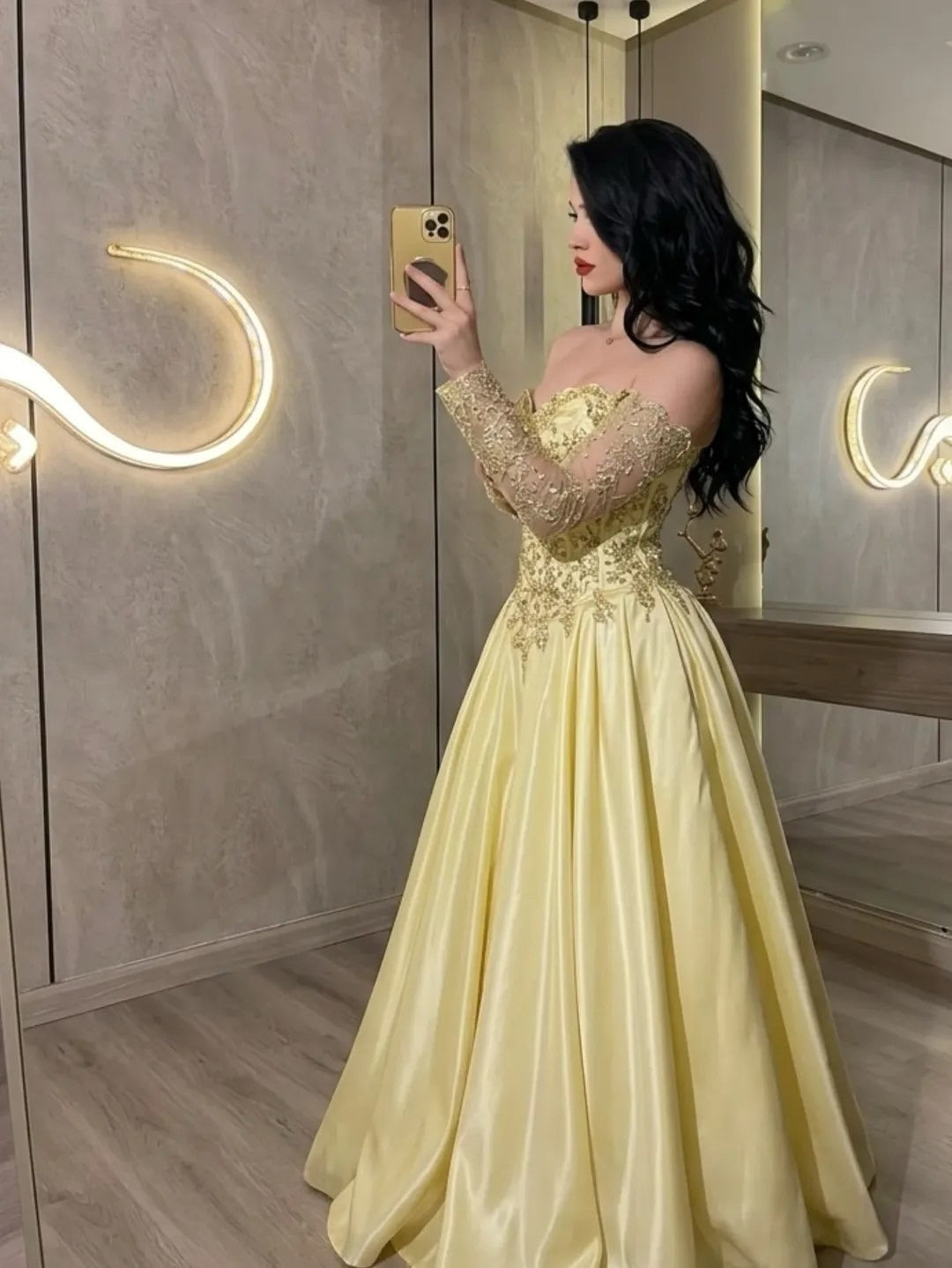 Off-the-Shoulder Lace Applique Satin Ball Gown