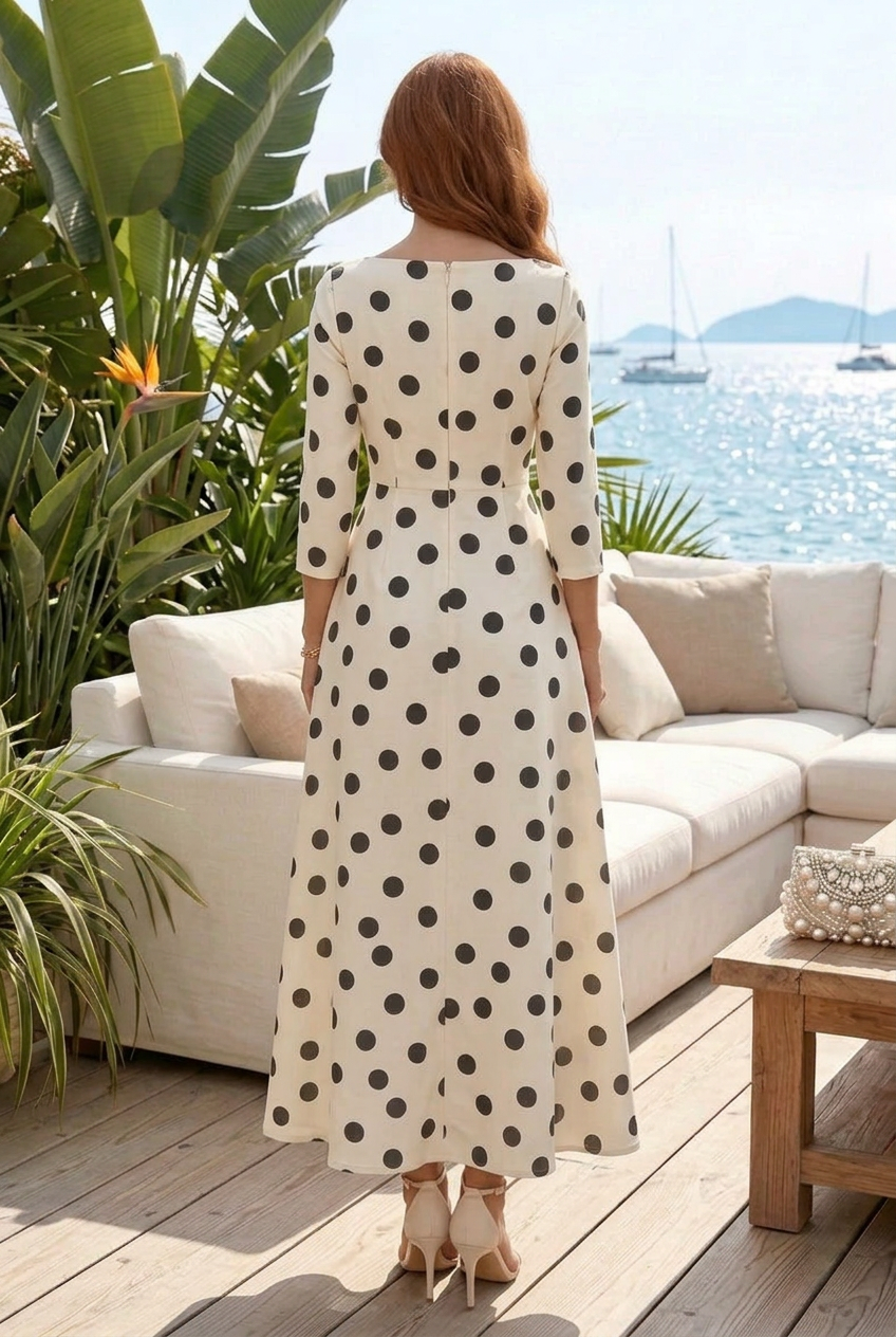 Polka Dot Midi Dress with Side Peplum Drape