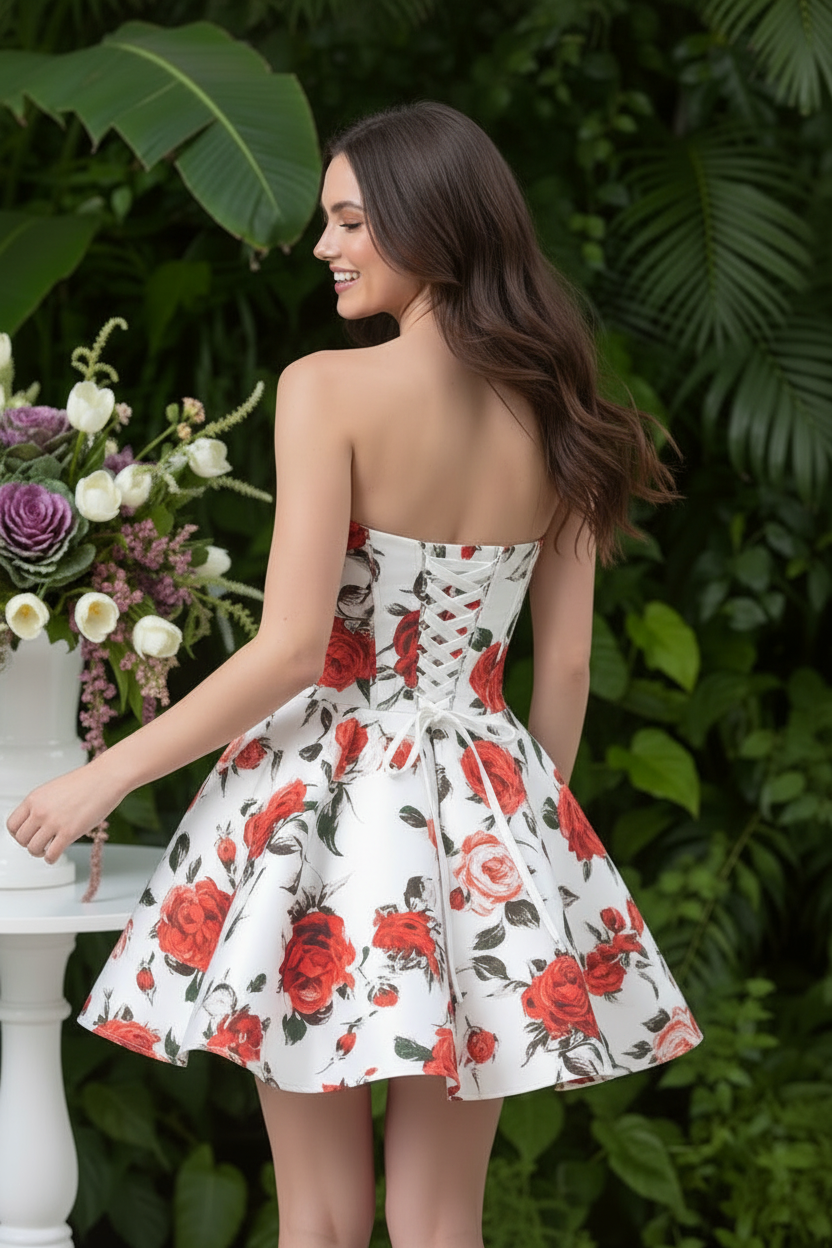 Strapless Floral Corset Mini Dress with Bows