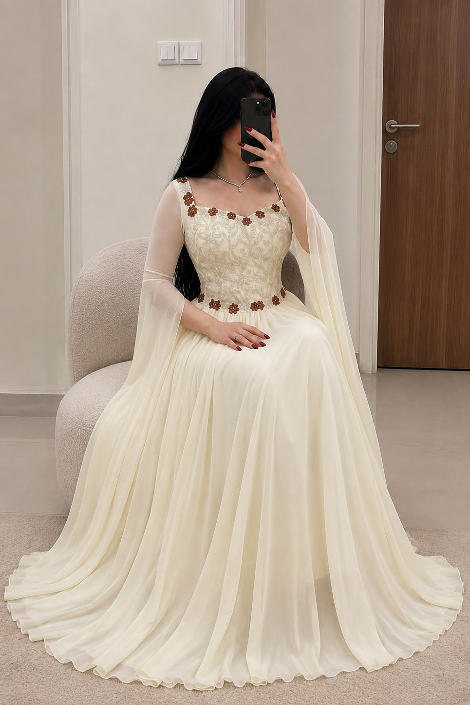 Floral Applique Cape Sleeve A-Line Evening Gown