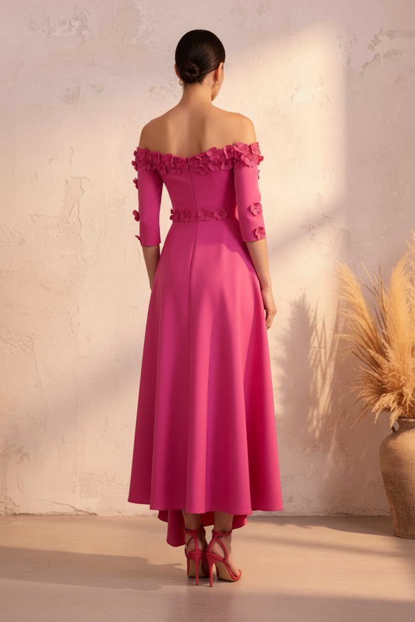 Off-Shoulder 3D Floral Asymmetrical Midi Dress