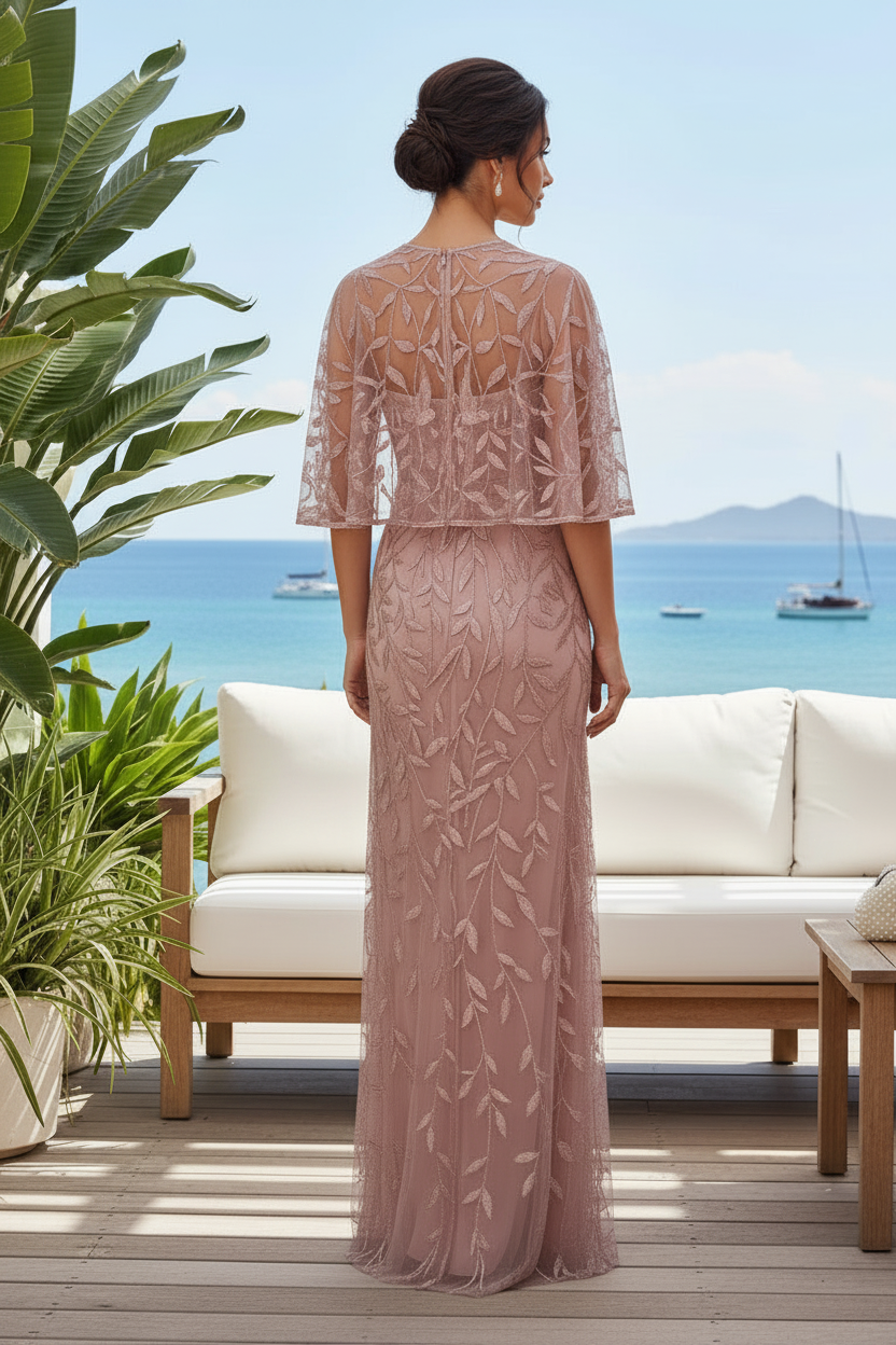 Beaded Leaf Sheath Gown with Illusion Capelet