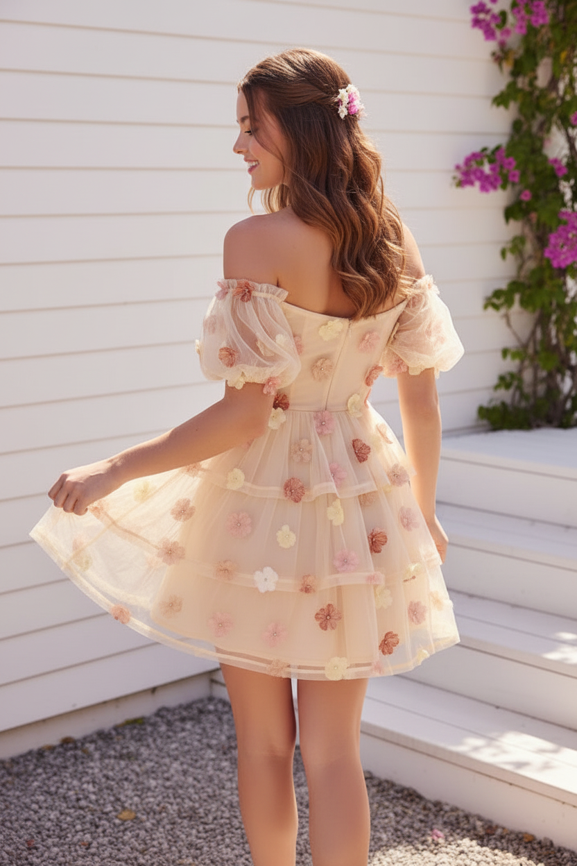 3D Floral Off-the-Shoulder Tulle Mini Dress