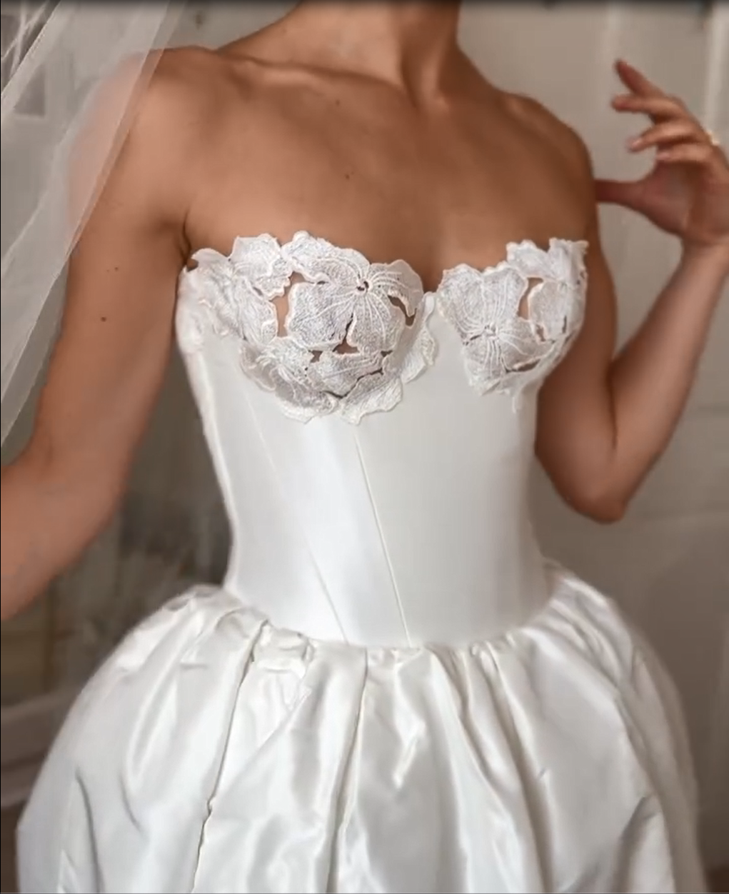 Strapless Floral Bustier Ball Gown Wedding Dress