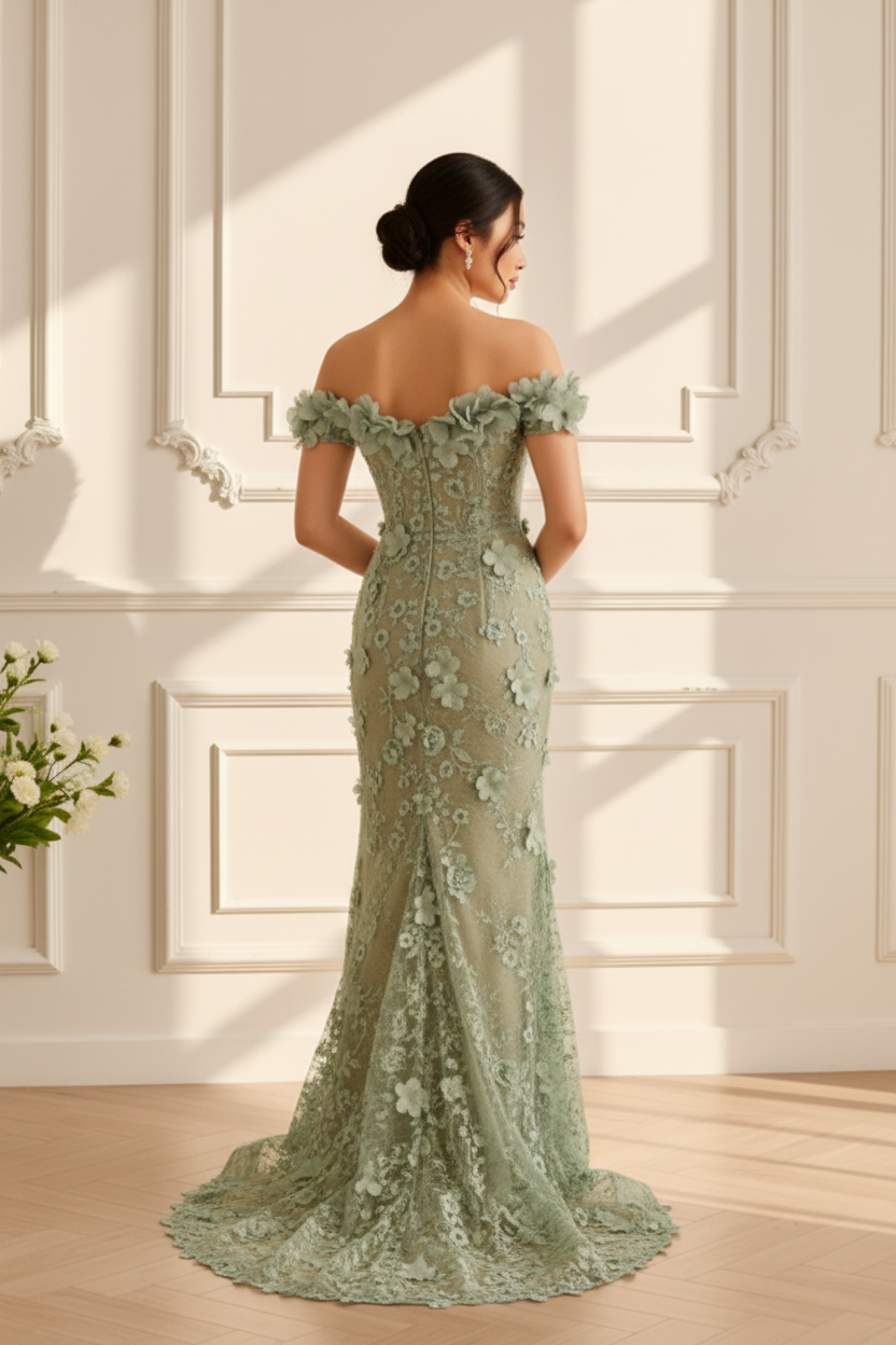 Off-Shoulder Floral Lace Mermaid Gown