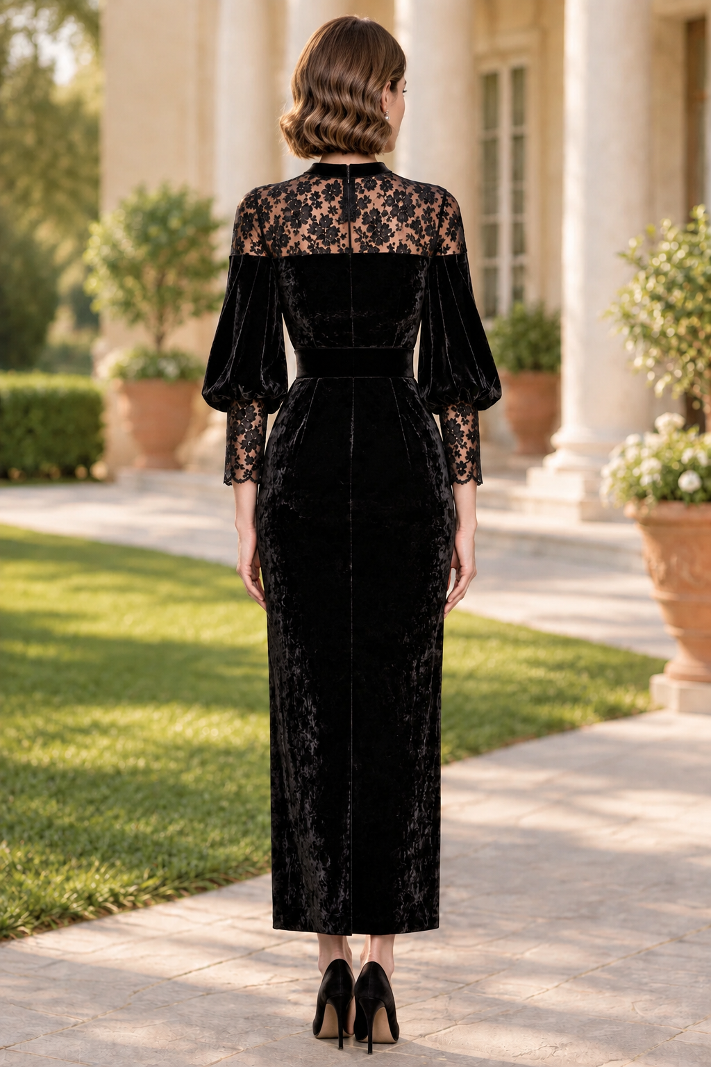 Velvet Column Dress with Sheer Lace Yoke