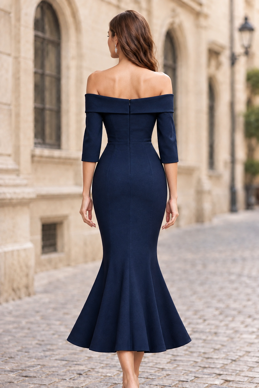 Off-the-Shoulder 3/4 Sleeve Trumpet Midi Dress