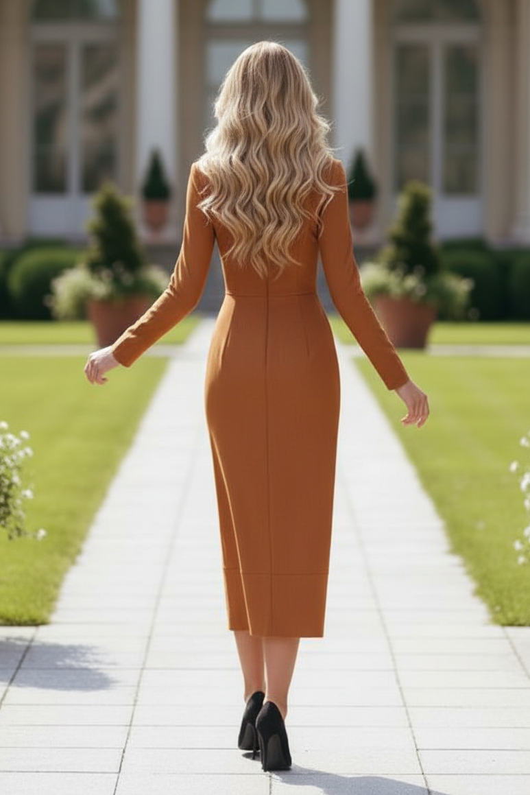 Long Sleeve Pleated Midi Dress with Wrap Skirt