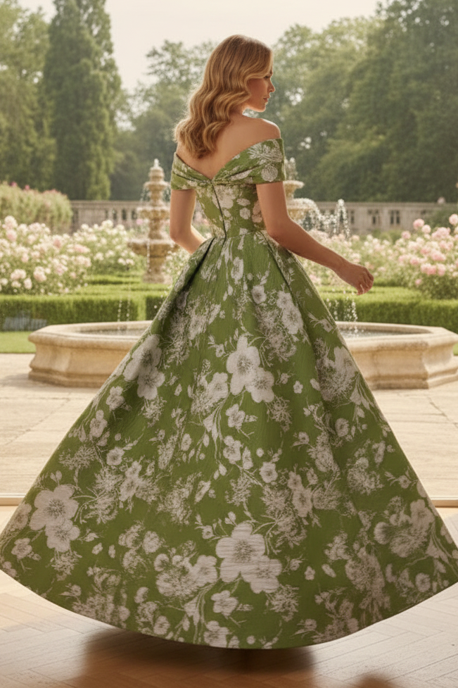Floral Jacquard Off-the-Shoulder A-Line Evening Gown