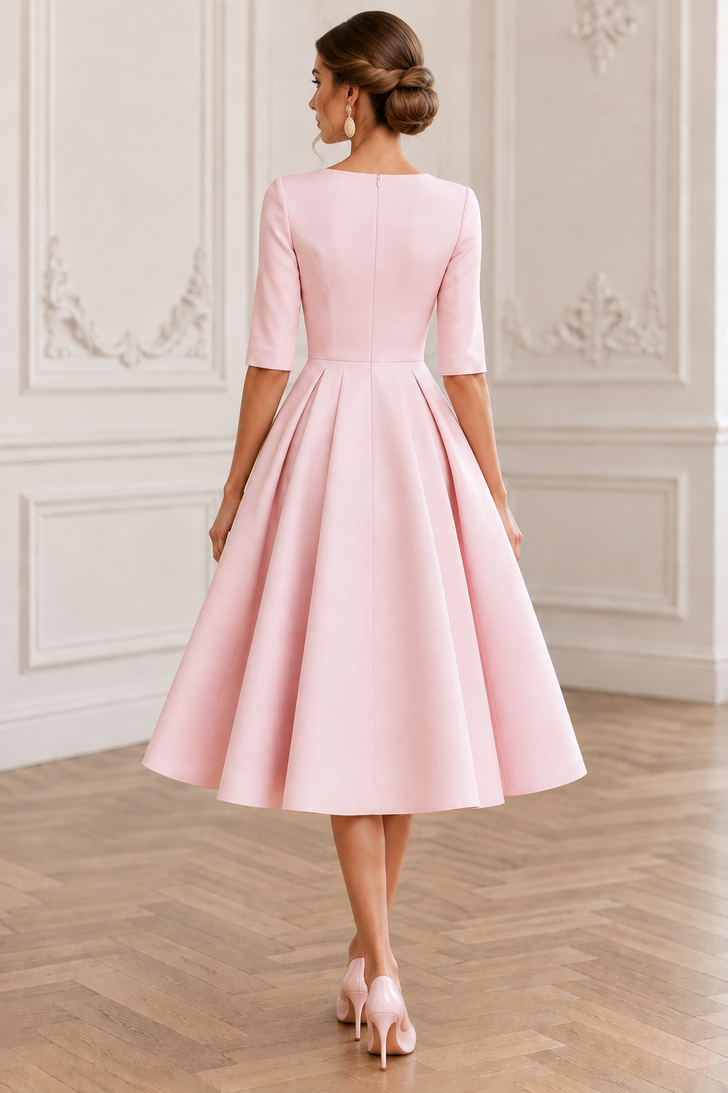 Pleated Midi Dress with Half Sleeves